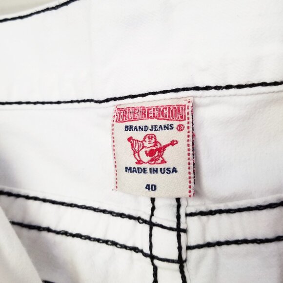 True Religion Men's 40 Straight Leg Jeans Optic White Blue Stitch Flap Raw Hem - Picture 8 of 16